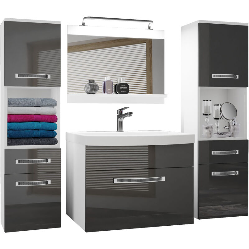 Belini - Meuble de Salle de Bain Lavabo Inclus, Meuble sous-Vasque, Miroir et 2X Cabinet Largeur: 140 cm Kit d'éclairage Inclus Couleur : Argent très