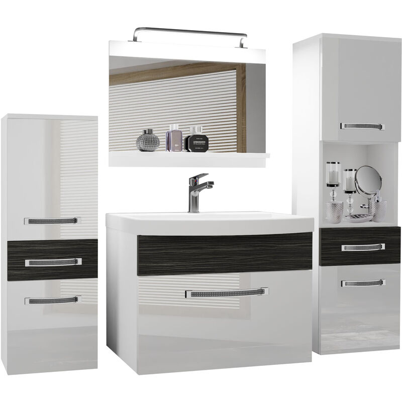 BELINI Meuble de Salle de Bain Lavabo Inclus, Meuble sous-Vasque, Miroir et 2X Cabinet Largeur: 140 cm Kit d'éclairage Inclus Couleur : Blanc très