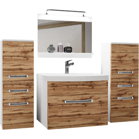 BELINI Meuble de Salle de Bain  Lavabo Inclus, Meuble sous-Vasque, Miroir et 2X Cabinet  Largeur: 140 cm  Kit d'éclairage Inclus  Couleur : chêne wotan