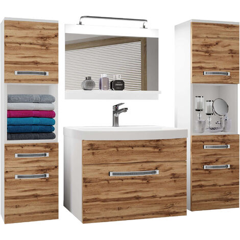 BELINI Meuble de Salle de Bain  Lavabo Inclus, Meuble sous-Vasque, Miroir et 2X Cabinet  Largeur: 140 cm  Kit d'éclairage Inclus  Couleur : chêne wotan
