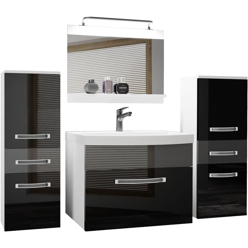 Meuble de Salle de Bain Lavabo Inclus, Meuble sous-Vasque, Miroir et 2X Cabinet Largeur: 140 cm Kit d'éclairage Inclus Couleur : Noir très