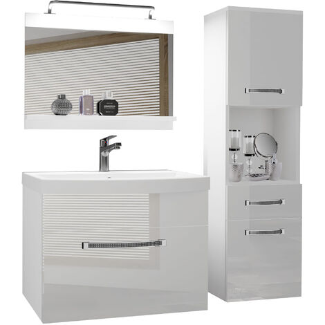 BELINI Meuble de Salle de Bain  Lavabo Inclus, Meuble sous-Vasque, Miroir et Cabinet Haut  Largeur: 100 cm  Kit d'éclairage Inclus  Couleur : Blanc très Brillant