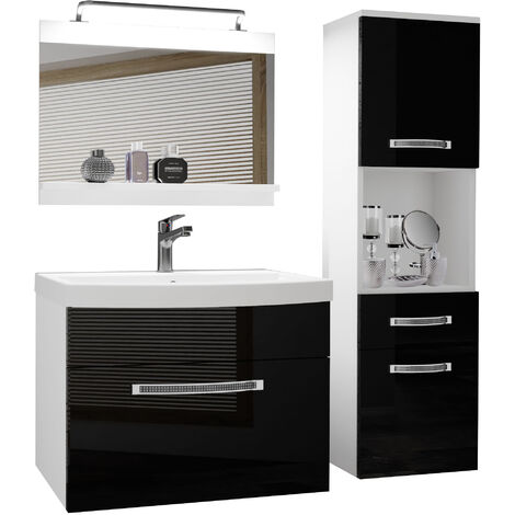 BELINI Meuble de Salle de Bain  Lavabo Inclus, Meuble sous-Vasque, Miroir et Cabinet Haut  Largeur: 100 cm  Kit d'éclairage Inclus  Couleur : Noir très Brillant