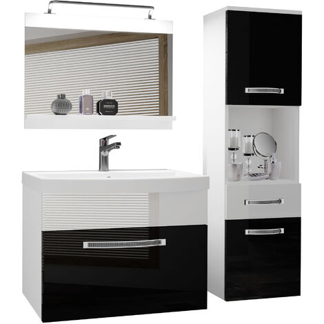 BELINI Meuble de Salle de Bain  Lavabo Inclus, Meuble sous-Vasque, Miroir et Cabinet Haut  Largeur: 100 cm  Kit d'éclairage Inclus  Couleur : Noir très Brillant/Blanc très Brillant