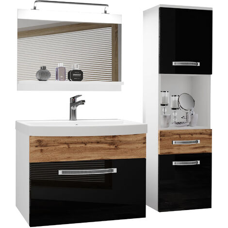 BELINI Meuble de Salle de Bain  Lavabo Inclus, Meuble sous-Vasque, Miroir et Cabinet Haut  Largeur: 100 cm  Kit d'éclairage Inclus  Couleur : Noir très Brillant/chêne wotan