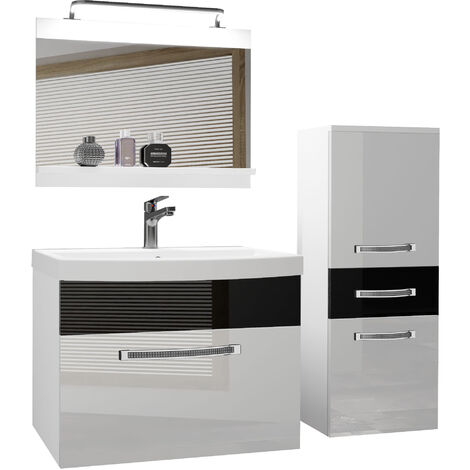BELINI Meuble de Salle de Bain  Lavabo Inclus, Meuble sous-Vasque, Miroir et Cabinet  Largeur: 100 cm  Kit d'éclairage Inclus  Couleur : Blanc très Brillant/Noir très Brillant