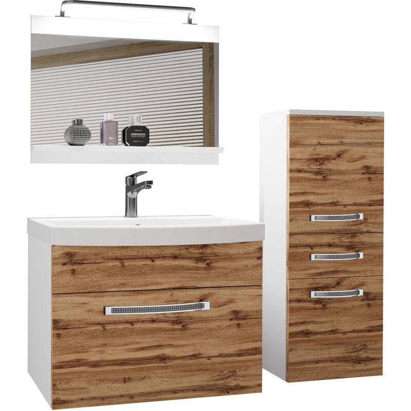 Belini - Meuble de Salle de Bain Lavabo Inclus, Meuble sous-Vasque, Miroir et Cabinet Largeur: 100 cm Kit d'éclairage Inclus Couleur: Chêne Wotan
