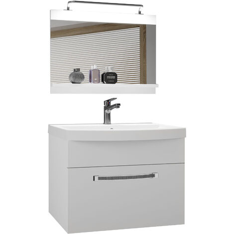 Belini – Meuble sous vasque avec lavabo 60 cm – Miroir et kit d'éclairage LED inclus – Corps en panneaux de particules – Blanc mat