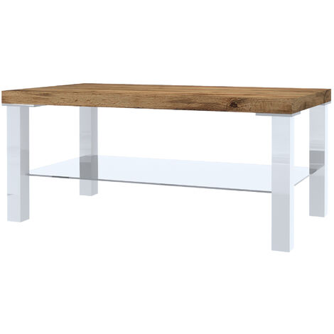 BELINI Table Salon - Table Basse Salon avec Verre NEX SK I Tables Basses de Salon - Teille: 45 x 90 x 43,5 cm I Table de Salon Basse - Couleur: Blanc/chêne wotan