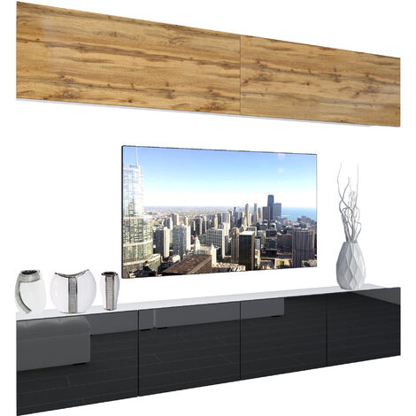 BELINI - Unité Murale TV NEX I Ensemble Muebles de Salon Complet I Ensemble Meuble TV avec Illumination LED I Dimensions: 200 x 180 x 36 cm I Coleur: chêne wotan/Noir très Brillant