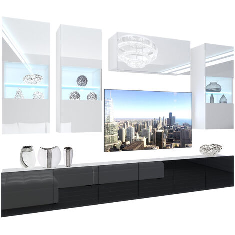 BELINI - Unité Murale TV NEX I Ensemble Muebles de Salon Complet I Ensemble Meuble TV avec Illumination LED I Dimensions: 300 x 180 x 36 cm I Coleur: Blanc très Brillant/Noir très Brillant