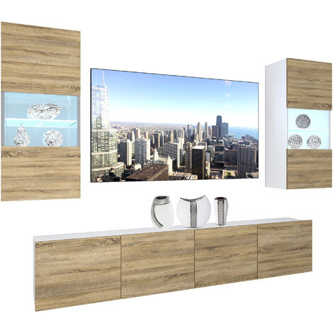 BELINI Wohnwand Vollausstattung Wohnzimmer-Set Moderne Schrankwand mit LED-Beleuchtung Anbauwand TV-Schrank Sonoma Eiche