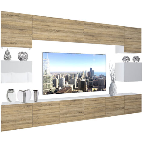 BELINI Wohnwand Vollausstattung Wohnzimmer-Set Moderne Schrankwand mit LED-Beleuchtung Anbauwand TV-Schrank Sonoma Eiche/Weiß
