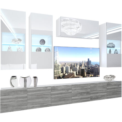 BELINI Wohnwand Vollausstattung Wohnzimmer-Set Moderne Schrankwand mit LED-Beleuchtung Anbauwand TV-Schrank Weiß/Glamourholz