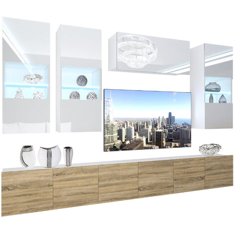 BELINI Wohnwand Vollausstattung Wohnzimmer-Set Moderne Schrankwand mit LED-Beleuchtung Anbauwand TV-Schrank Weiß/Sonoma Eiche