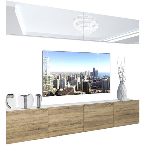 BELINI Wohnwand Vollausstattung Wohnzimmer-Set Moderne Schrankwand mit LED-Beleuchtung Anbauwand TV-Schrank Weiß/Sonoma Eiche