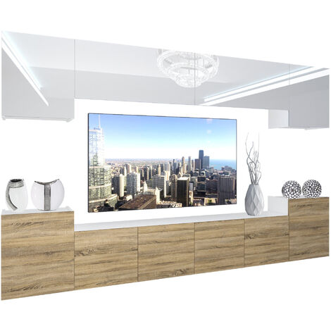 BELINI Wohnwand Vollausstattung Wohnzimmer-Set Moderne Schrankwand mit LED-Beleuchtung Anbauwand TV-Schrank Weiß/Sonoma Eiche