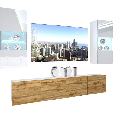 BELINI Wohnwand Vollausstattung Wohnzimmer-Set Moderne Schrankwand mit LED-Beleuchtung Anbauwand TV-Schrank Weiß/Wotan