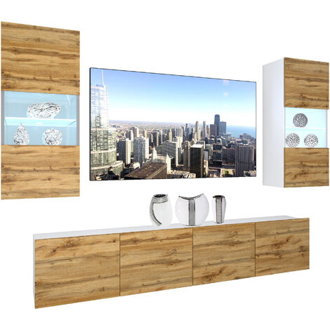 BELINI Wohnwand Vollausstattung Wohnzimmer-Set Moderne Schrankwand mit LED-Beleuchtung Anbauwand TV-Schrank Wotan-Eiche