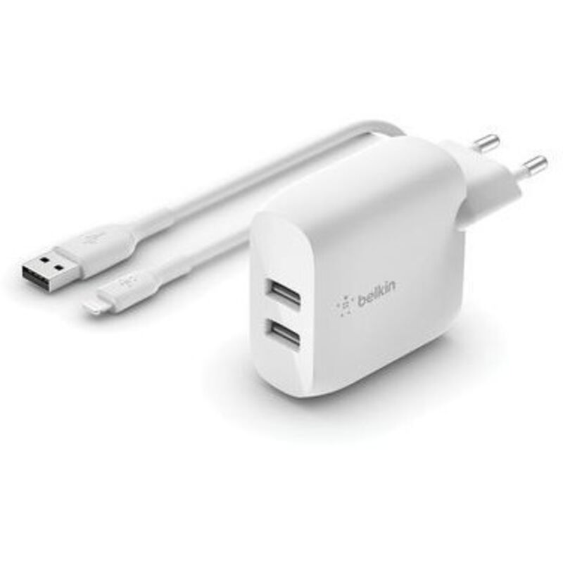 

cargador de pared USB-A doble de 24 W Boost Charge + cable USB-A a Lightning (iPhone 13, 13 Pro, 13 Pro Max, 13 mini y modelos anteriores, iPad,