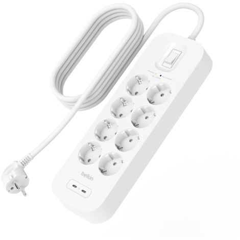 Belkin Multipresa con USB montabile a parete con 8 prese protette, cavo di alimentazione da 2m, LED di stato, 2 porte USB-C con ricarica rapida USB-C PD, ciabatta elettrica con protezione fino a 900 J