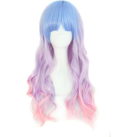 Belle longue perruque de cosplay de style Harajuku ondulée (bleu clair/violet clair/rose)