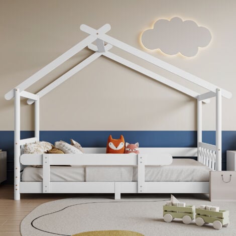 Bellissimo letto da casa, in legno massiccio con griglia e rete a doghe, con protezione anticaduta per bambini e ragazzi, bianco (200x90 cm) OKWISH