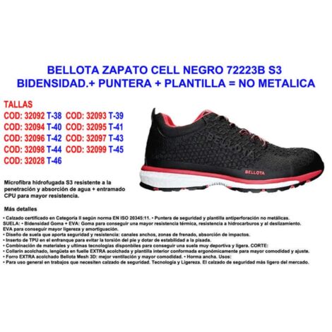 Bellota Shoe Cell 72223B-N 40 S3 Bidens avec embout et semelle intérieure non métallique