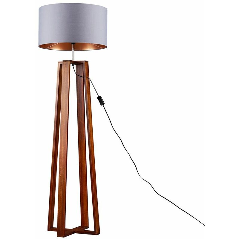 Minisun - Beltan 4 Leg Floor Lamp in Dark Wood with Reni Shade - Grey & Copper - No Bulb