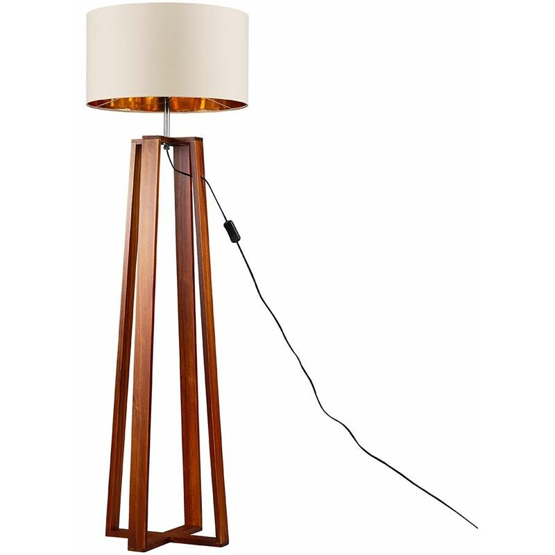 Minisun - Beltan 4 Leg Floor Lamp in Dark Wood with Reni Shade - Beige & Gold - No Bulb