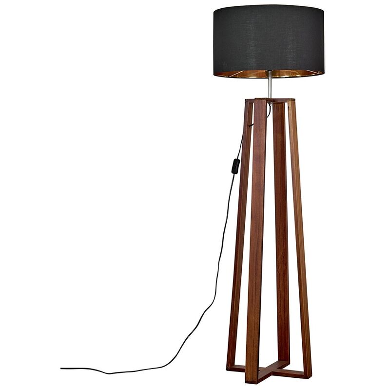Minisun - Beltan 4 Leg Floor Lamp in Dark Wood with Reni Shade - Black & Gold - Including LED Bulb