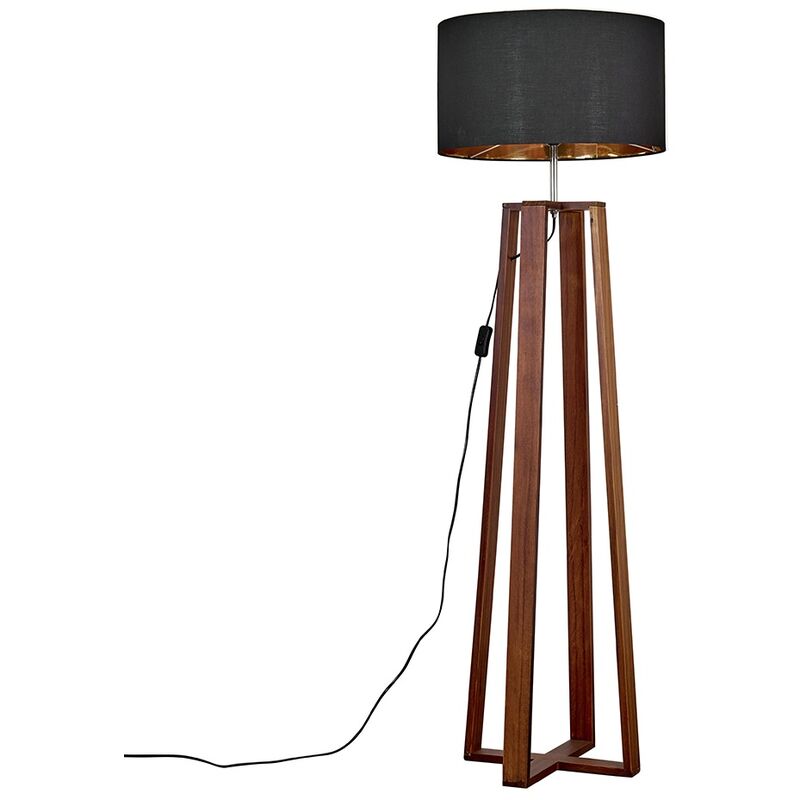 Minisun - Beltan 4 Leg Floor Lamp in Dark Wood with Reni Shade - Black & Gold - No Bulb