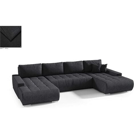 BELUTI - Canapé d'angle panoramique en U Convertible. Tissu Design. Lit + Coffre de Rangement (Noir) - noir