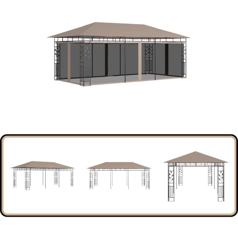 Belvédère avec moustiquaire 6x3x2,73 m Taupe 180 g/m² - Abri Jardin - Auvent Jardin - Gazebo - Parasol - Protection Solaire