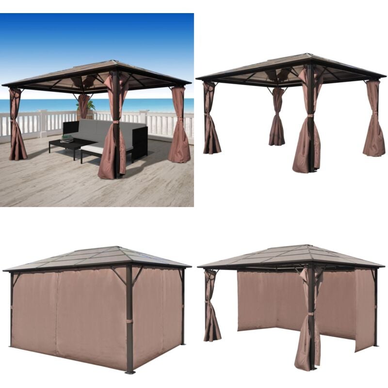 Belvédère avec rideau Marron Aluminium 400 x 300 cm - Tonnelle - Abri Solaire - Gazebo - Parasol - Jardin - Home & Living