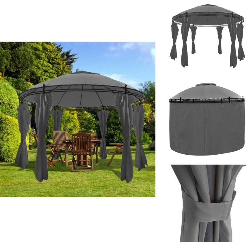 Belvédère avec rideaux Rond 3,5 x 2,7 m Anthracite - Abri Jardin - Gazebo - Auvent Rond - Parasol - Tente Extérieure