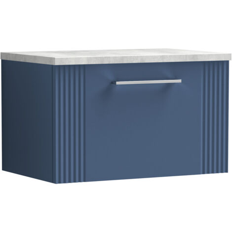 Belvide Partial Fluted 1 Drawer Wall Hung Vanity Unit with Bellato Grey Laminate Worktop - 600mm - Satin Blue