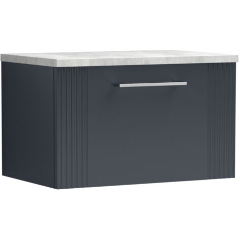 Belvide Partial Fluted 1 Drawer Wall Hung Vanity Unit with Bellato Grey Laminate Worktop - 600mm - Satin Soft Black