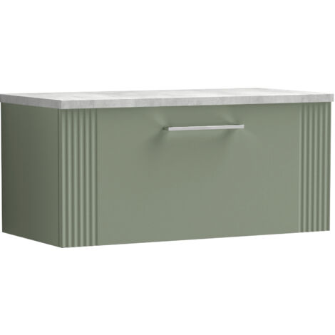 Belvide Partial Fluted 1 Drawer Wall Hung Vanity Unit with Bellato Grey Laminate Worktop - 800mm - Satin Green