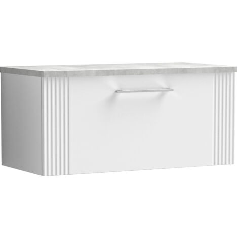 Belvide Partial Fluted 1 Drawer Wall Hung Vanity Unit with Bellato Grey Laminate Worktop - 800mm - Satin White