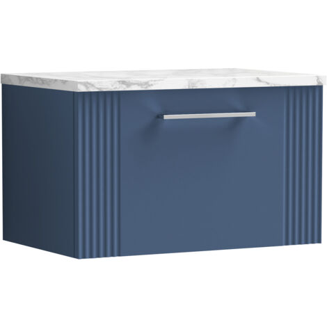 Belvide Partial Fluted 1 Drawer Wall Hung Vanity Unit with Carrera Marble Laminate Worktop - 600mm - Satin Blue