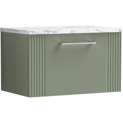 Belvide Partial Fluted 1 Drawer Wall Hung Vanity Unit with Carrera Marble Laminate Worktop - 600mm - Satin Green