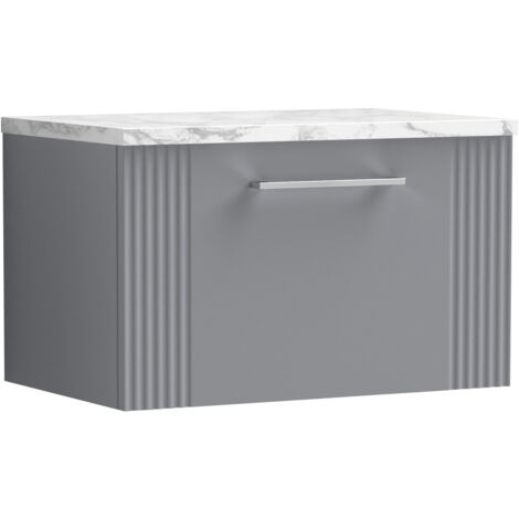 Belvide Partial Fluted 1 Drawer Wall Hung Vanity Unit with Carrera Marble Laminate Worktop - 600mm - Satin Grey