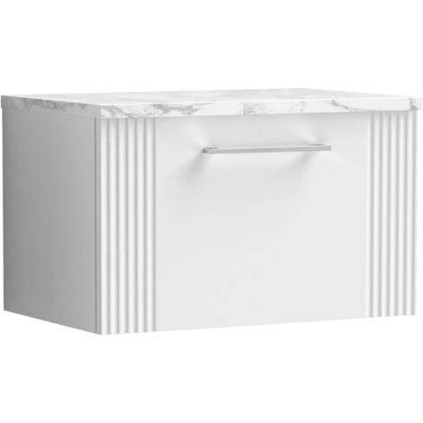 Belvide Partial Fluted 1 Drawer Wall Hung Vanity Unit with Carrera Marble Laminate Worktop - 600mm - Satin White