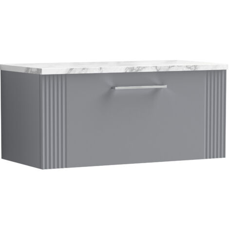 Belvide Partial Fluted 1 Drawer Wall Hung Vanity Unit with Carrera Marble Laminate Worktop - 800mm - Satin Grey