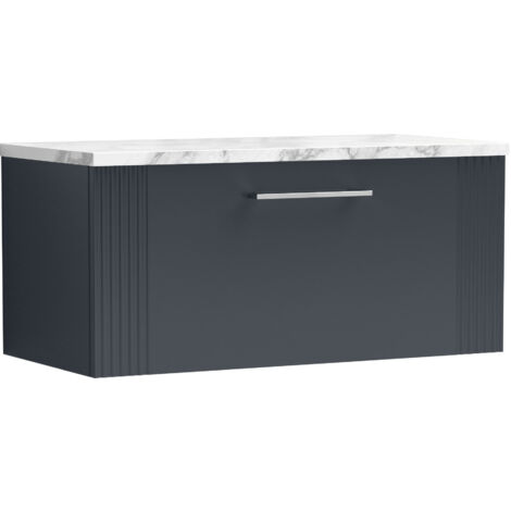 Belvide Partial Fluted 1 Drawer Wall Hung Vanity Unit with Carrera Marble Laminate Worktop - 800mm - Satin Soft Black