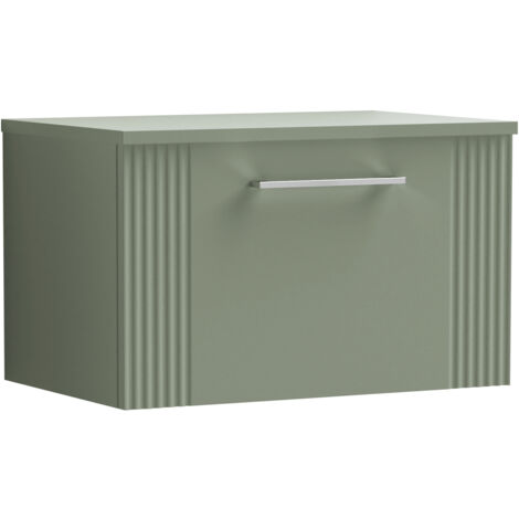 Belvide Partial Fluted 1 Drawer Wall Hung Vanity Unit with Colour Coordinating Worktop - 600mm - Satin Green