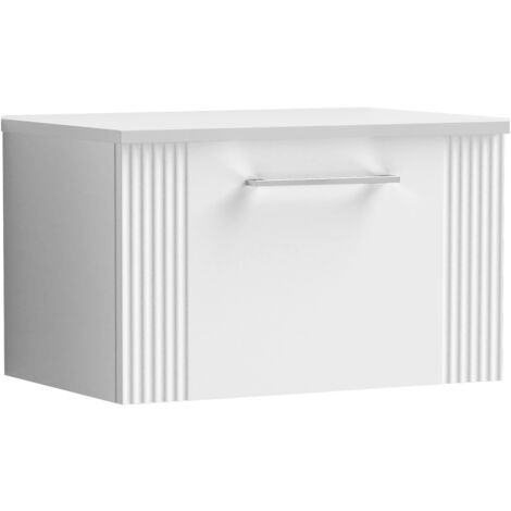 Belvide Partial Fluted 1 Drawer Wall Hung Vanity Unit with Colour Coordinating Worktop - 600mm - Satin White