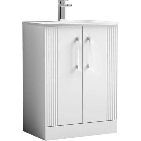 Belvide Partial Fluted 2 Door Floor Standing Vanity Unit with 1 Tap Hole Curved Basin- 600mm - Satin White