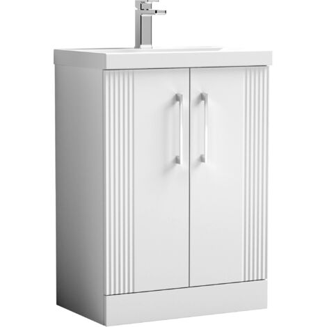 Belvide Partial Fluted 2 Door Floor Standing Vanity Unit with Mid-Edge 1 Tap Hole Ceramic Basin - 600mm - Satin White